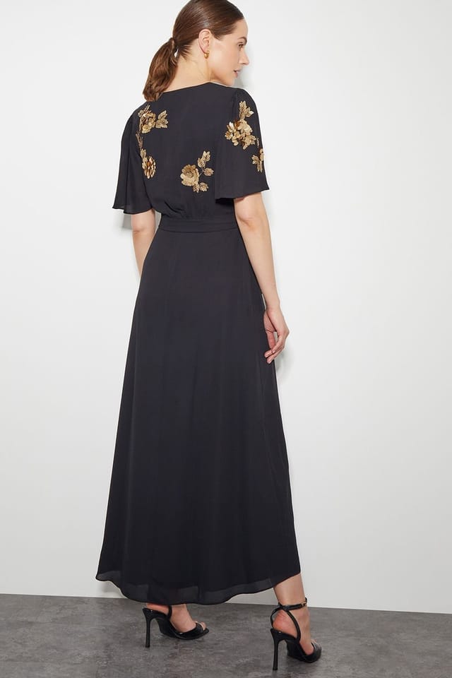 Monsoon Monsoon Women's Sarah Sequin Floral Midi Wrap Dress Black - 3