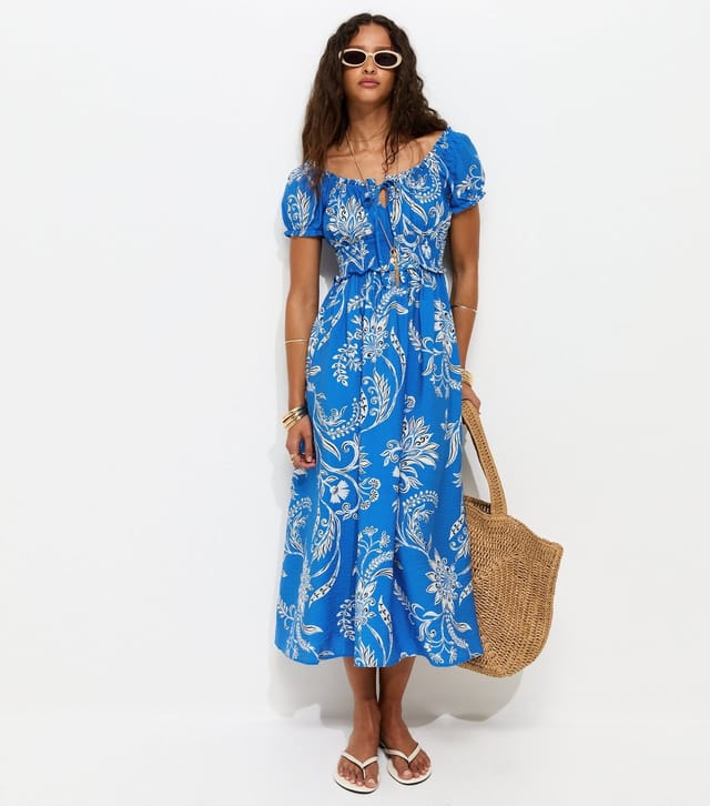 New Look Women's Blue Leaf Pattern Shirred Midi Dress New Look - 2
