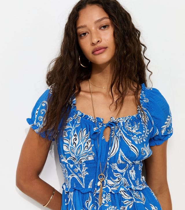 New Look Women's Blue Leaf Pattern Shirred Midi Dress New Look - 3