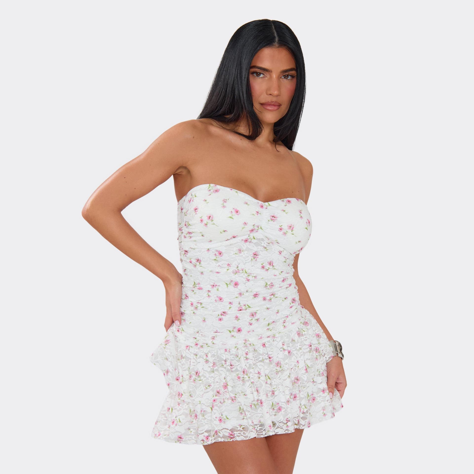 EGO Bandeau Ruffle Hem Mini Dress In White Floral Print, Women's Size UK 6