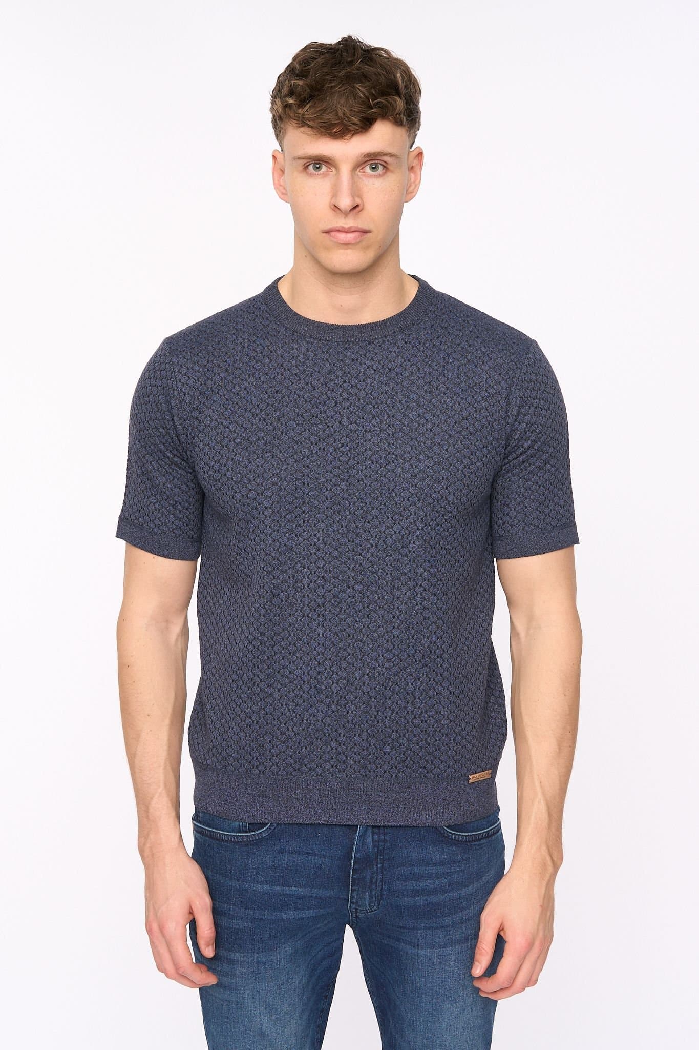 Duck&Cover Duck&Cover Men's Mataso Structured Knitted T-Shirt with Metal Badge in Navy