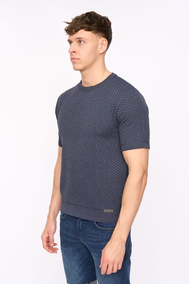 Duck&Cover Duck&Cover Men's Mataso Structured Knitted T-Shirt with Metal Badge in Navy - 2