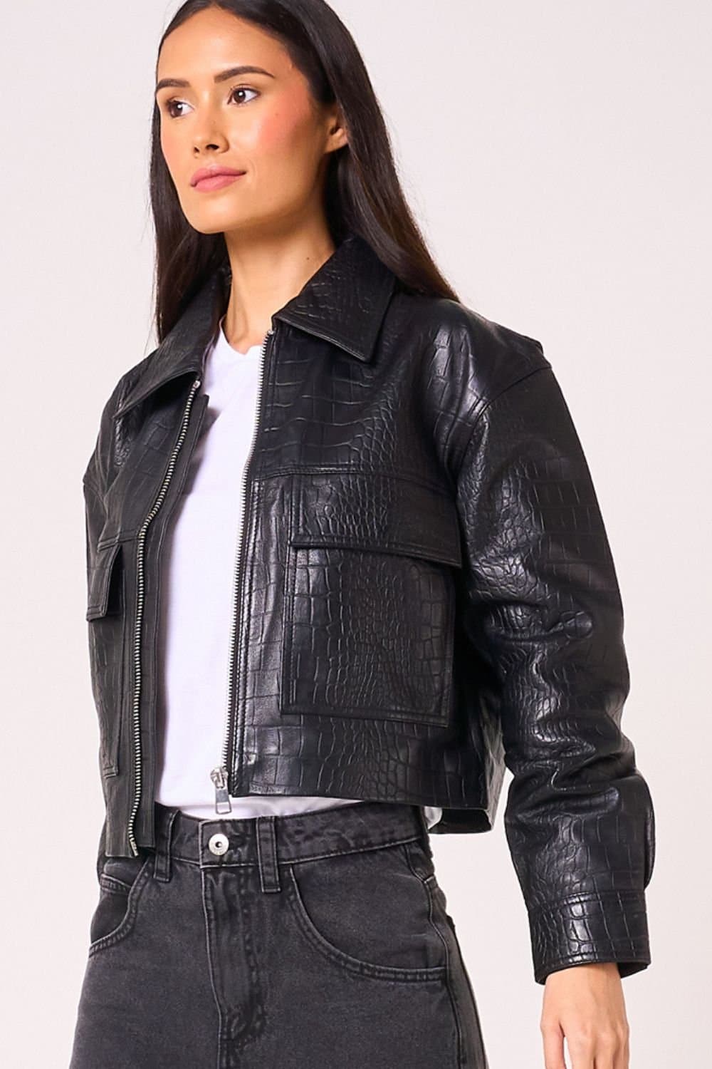 Barneys Originals Barneys Originals Women's Crocodile Print Leather Jacket in Black