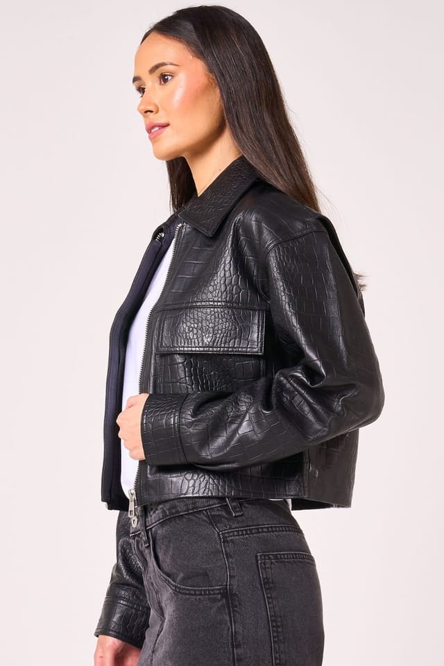 Barneys Originals Barneys Originals Women's Crocodile Print Leather Jacket in Black - 2