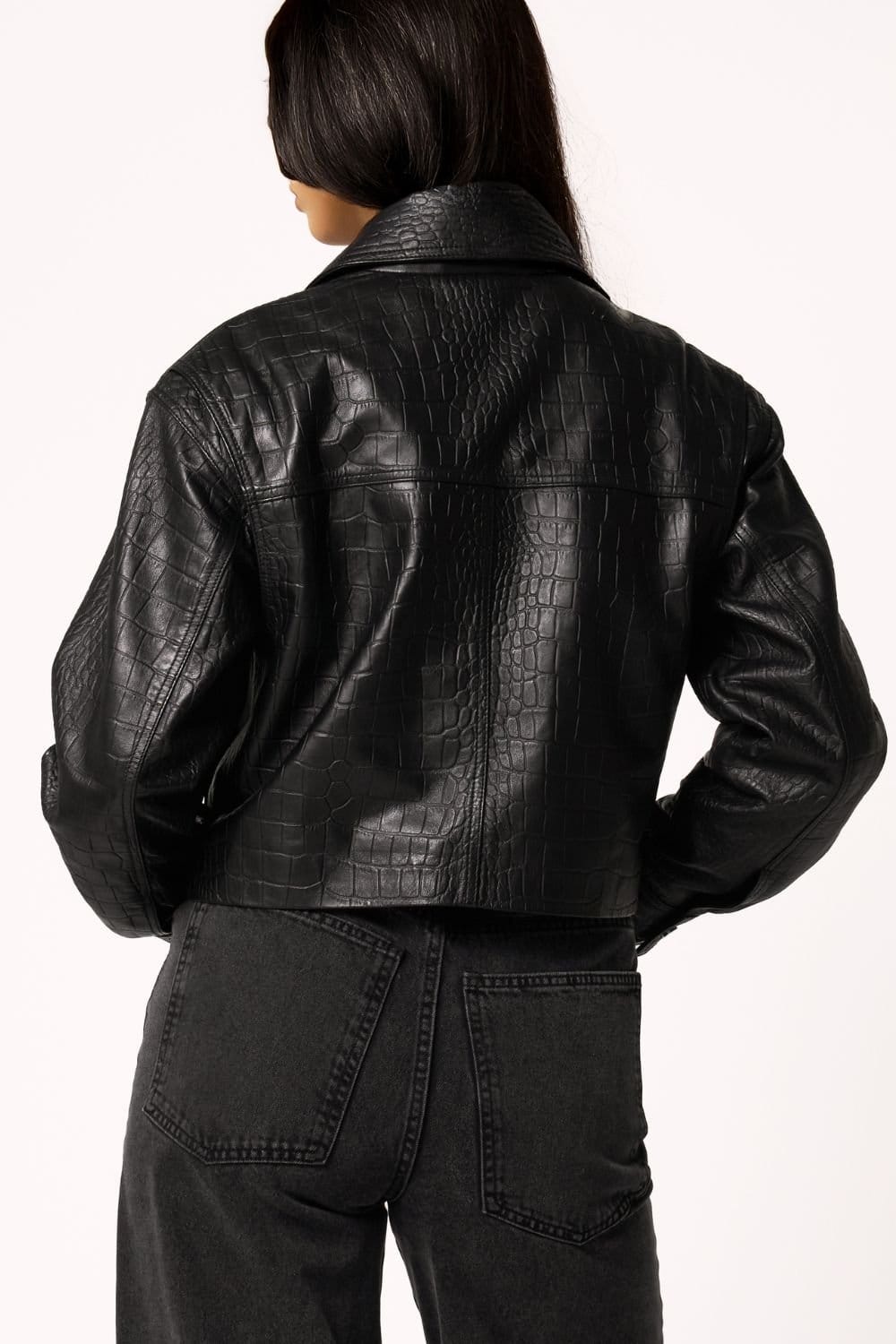 Barneys Originals Barneys Originals Women's Crocodile Print Leather Jacket in Black - 4