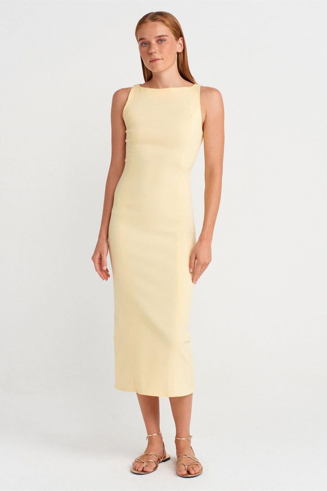 Dilvin Lemon Sleeveless Midi Bodycon Dress