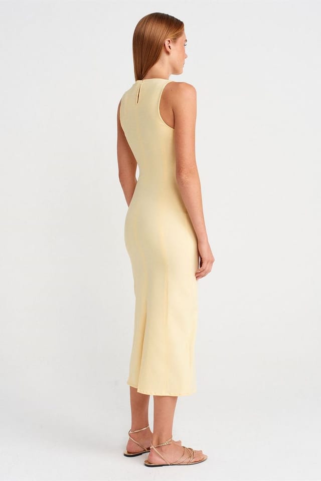 Dilvin Dilvin Women's Sleeveless Midi Bodycon Dress With Slit in Lemon - 2