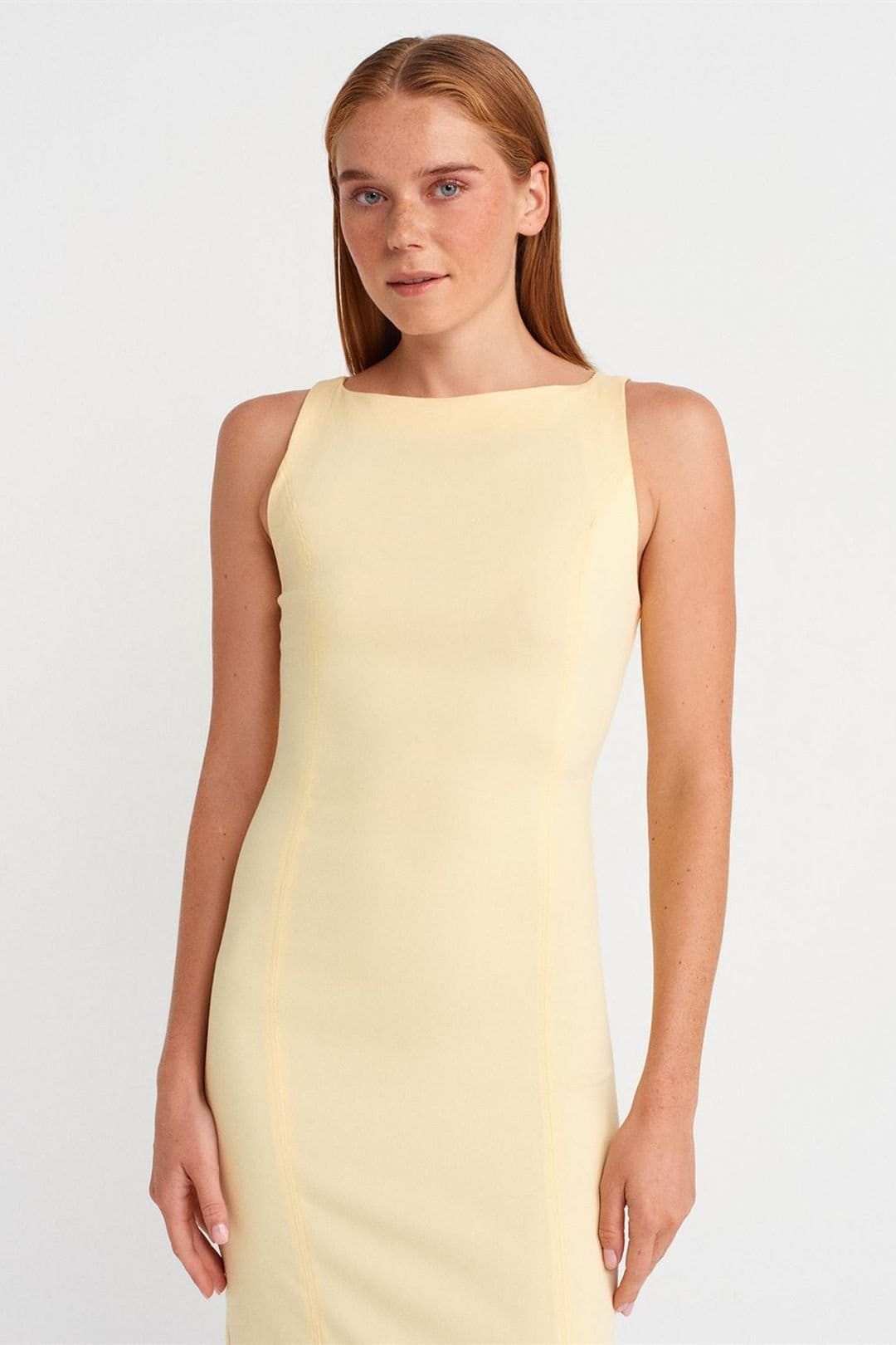 Dilvin Dilvin Women's Sleeveless Midi Bodycon Dress With Slit in Lemon - 4