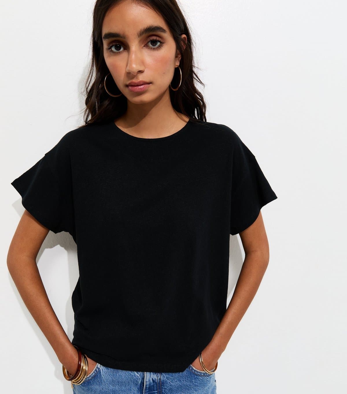 New Look New Look Black Linen-Cotton Jersey T-Shirt