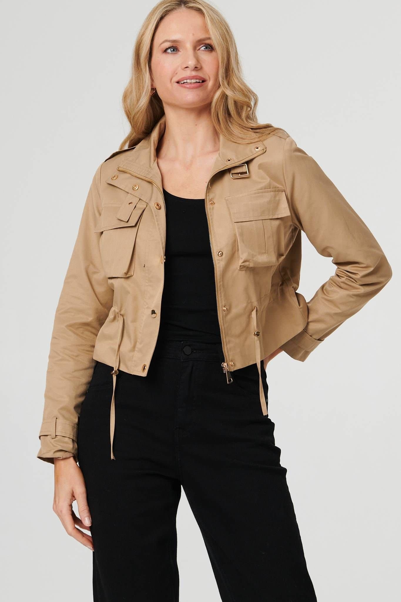Izabel London Izabel London Beige Cropped Jacket with Pocket Details