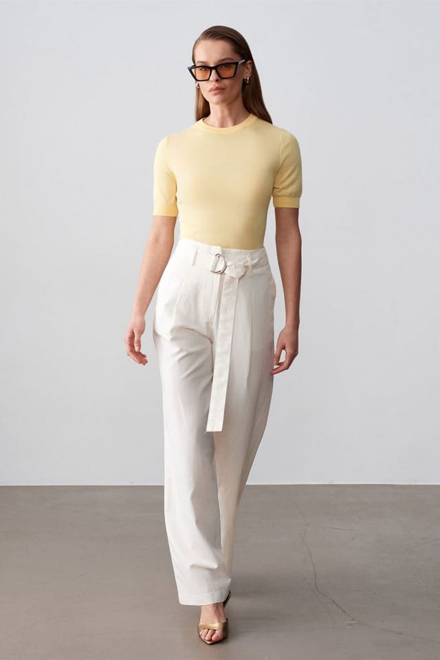 Dilvin Dilvin Women's Belted Wide-Leg Linen Blend Trousers in Off-White - 2