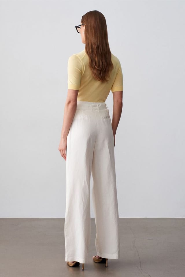 Dilvin Dilvin Women's Belted Wide-Leg Linen Blend Trousers in Off-White - 3