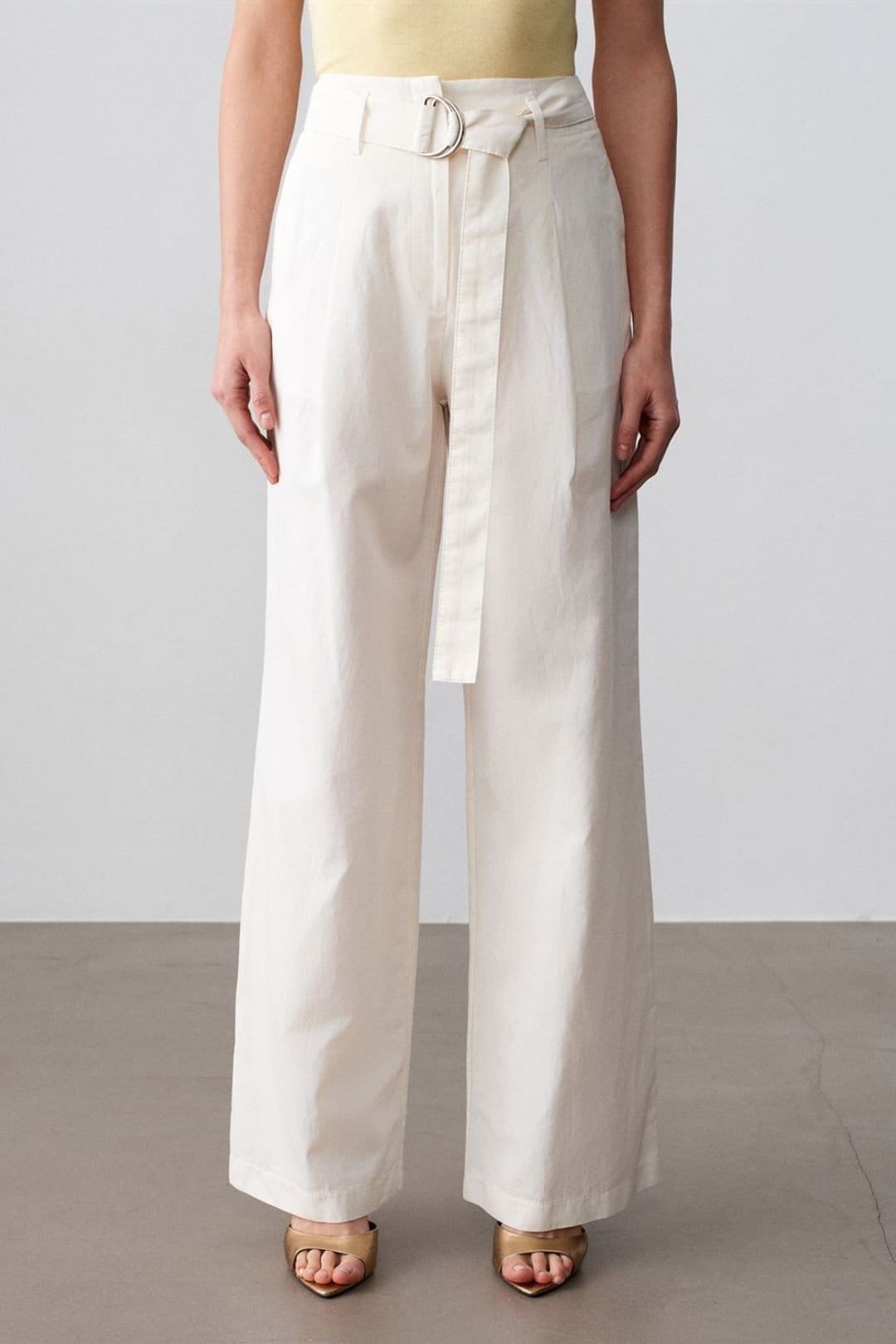 Dilvin Dilvin Women's Belted Wide-Leg Linen Blend Trousers in Off-White - 4