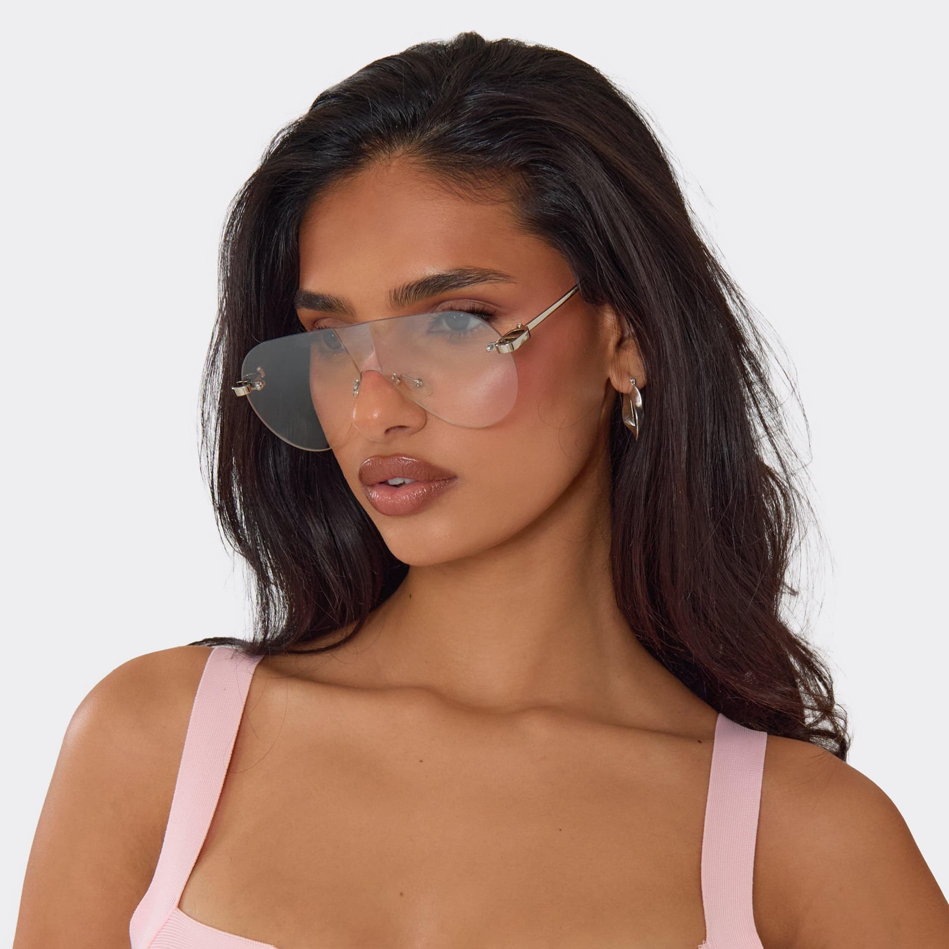 EGO Oversized Clear Lense Frameless Aviator Sunglasses In Silver, Women's Size UK 0