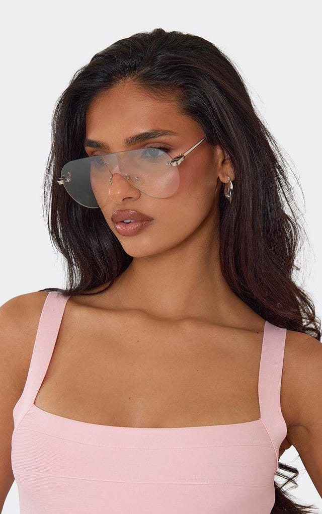 EGO Oversized Clear Lense Frameless Aviator Sunglasses In Silver, Women's Size UK 0 - 2