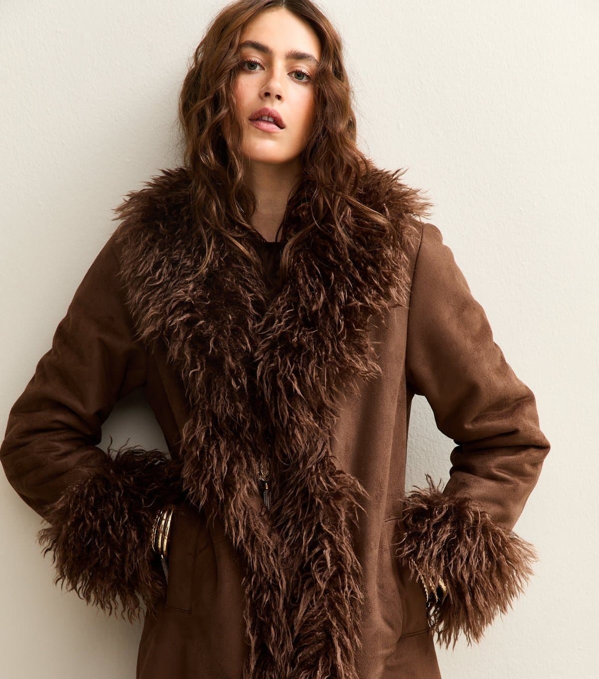 New Look Women's Tan Faux Shearling Coat New Look