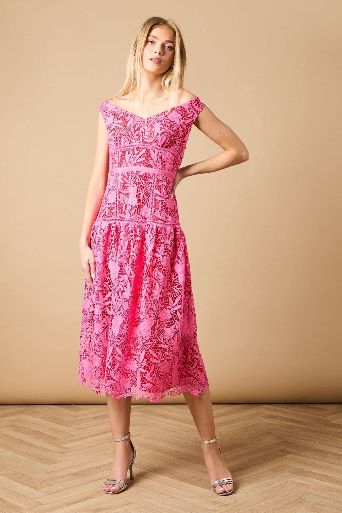 Oasis Oasis Women's Floral Lace Off-The Shoulder Midi Dress in Pink