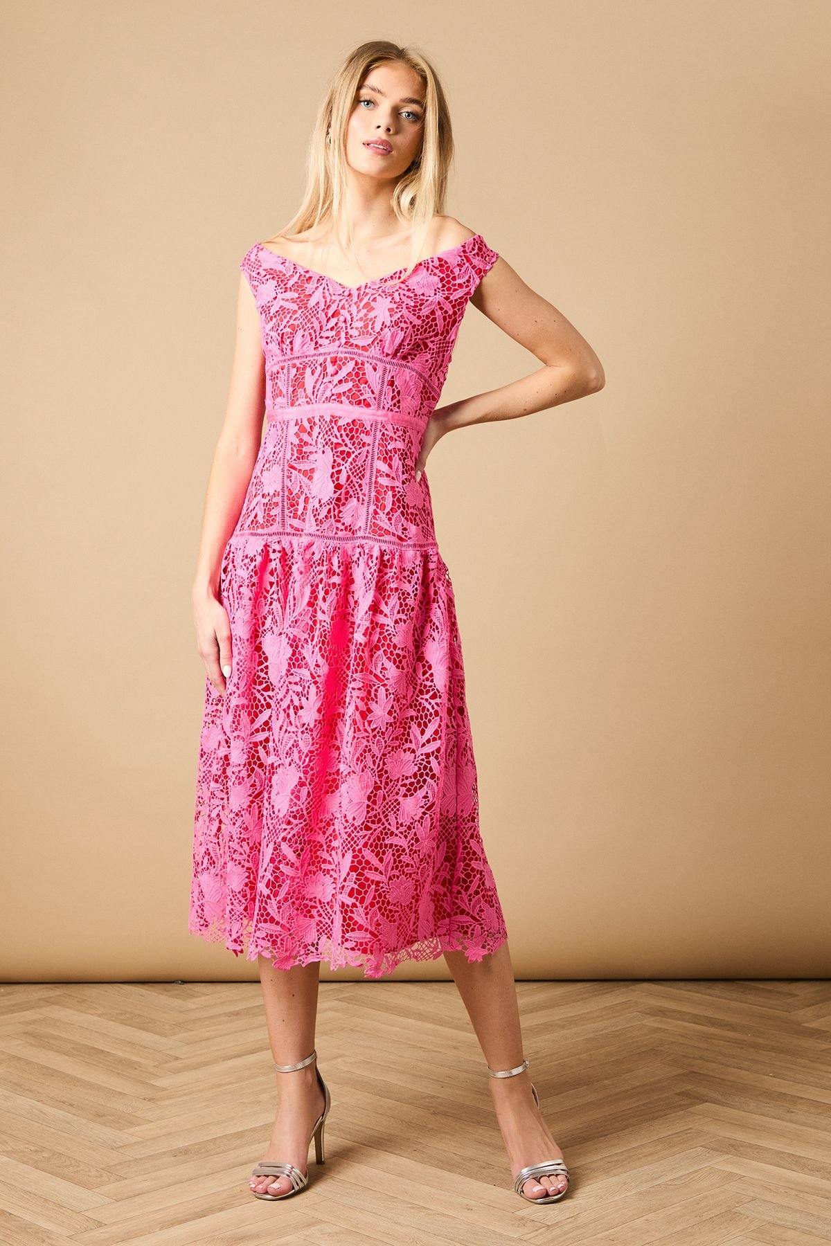 Oasis Oasis Women's Floral Lace Off-The Shoulder Midi Dress in Pink - 2