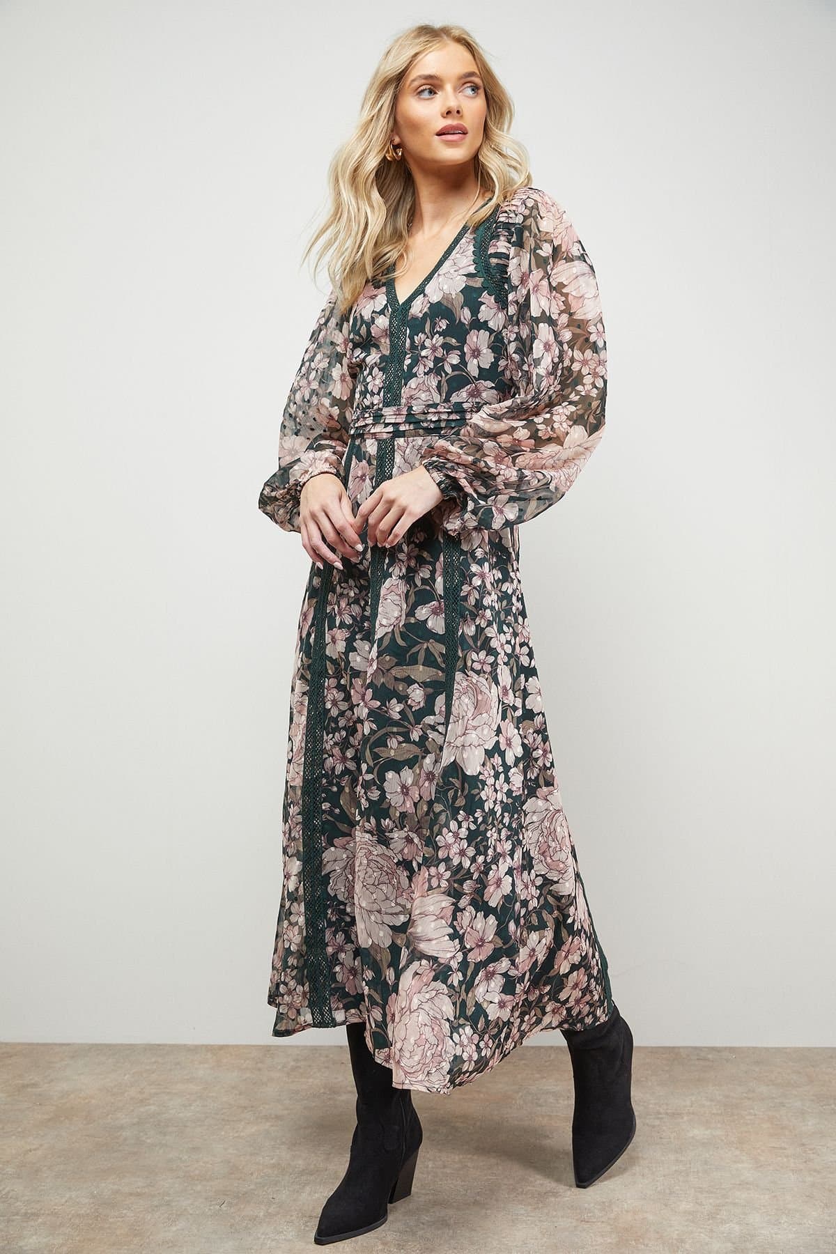 Oasis Oasis Women's Lace Trim Midi Fit & Flare Dress in Floral