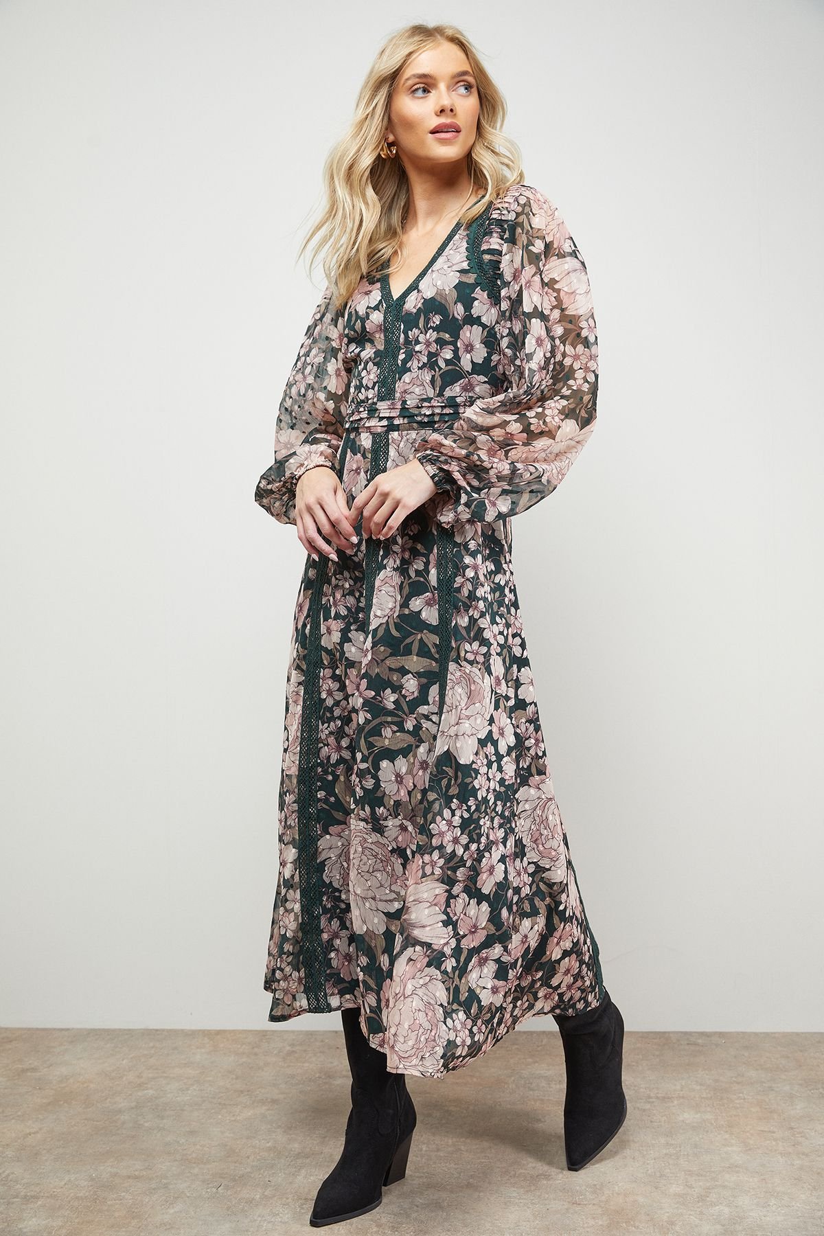 Oasis Oasis Women's Lace Trim Midi Fit & Flare Dress in Floral - 2