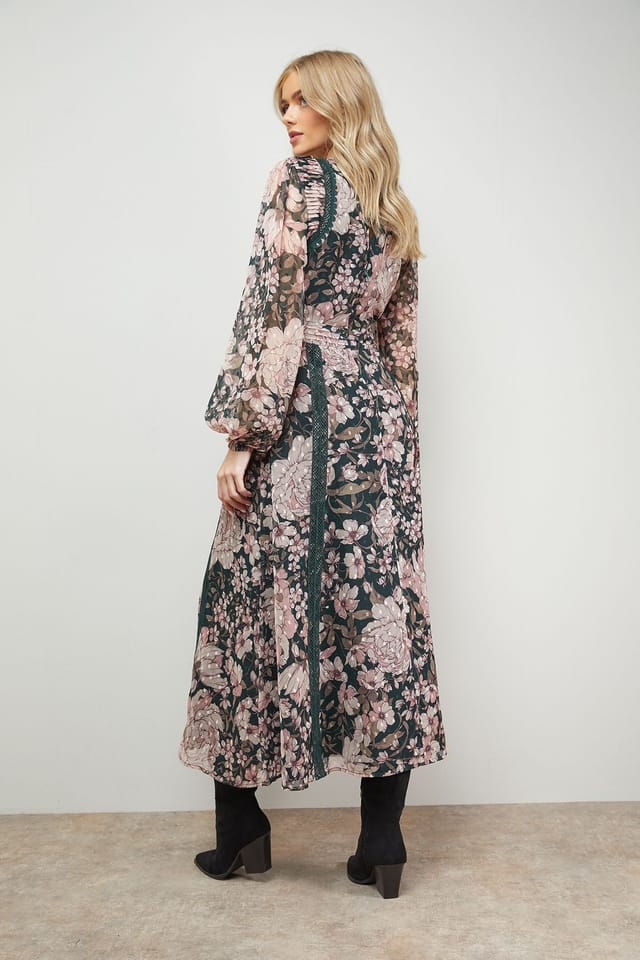 Oasis Oasis Women's Lace Trim Midi Fit & Flare Dress in Floral - 3