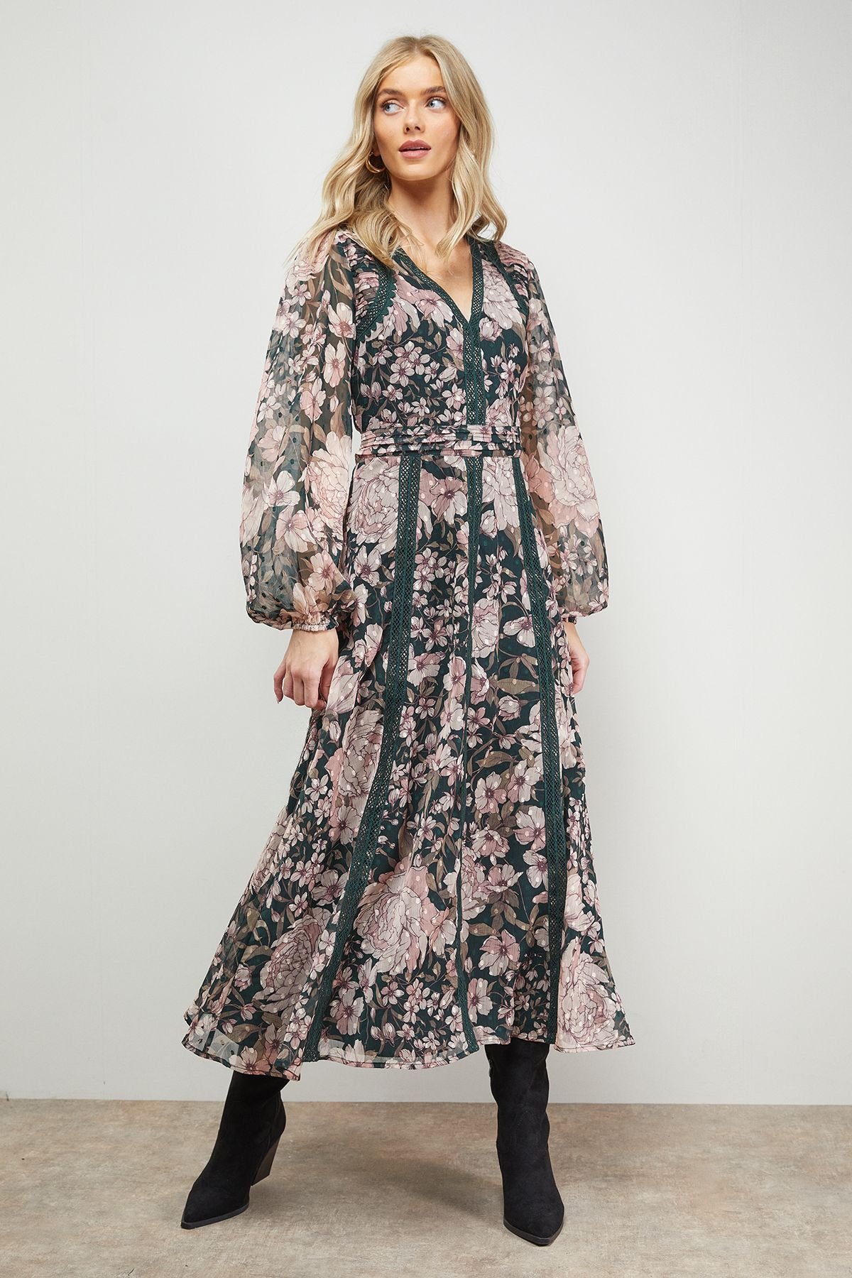 Oasis Oasis Women's Lace Trim Midi Fit & Flare Dress in Floral - 4