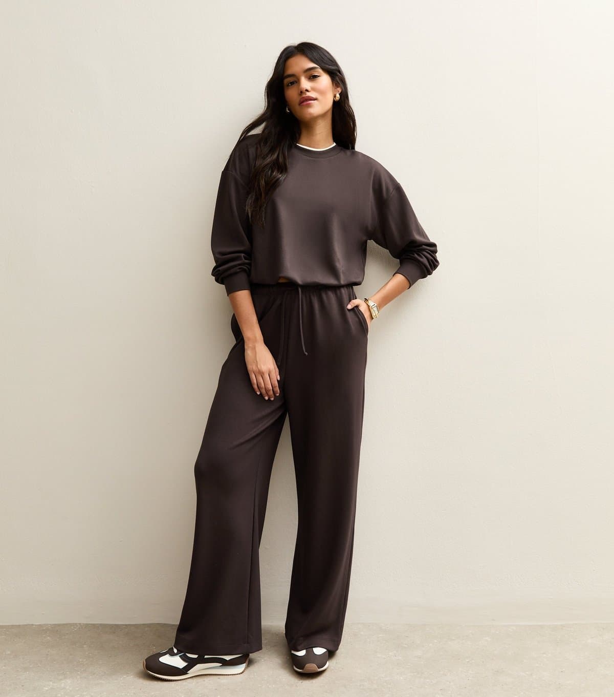 New Look Women's Brown Jersey Wide Leg Drawstring Waist Joggers New Look