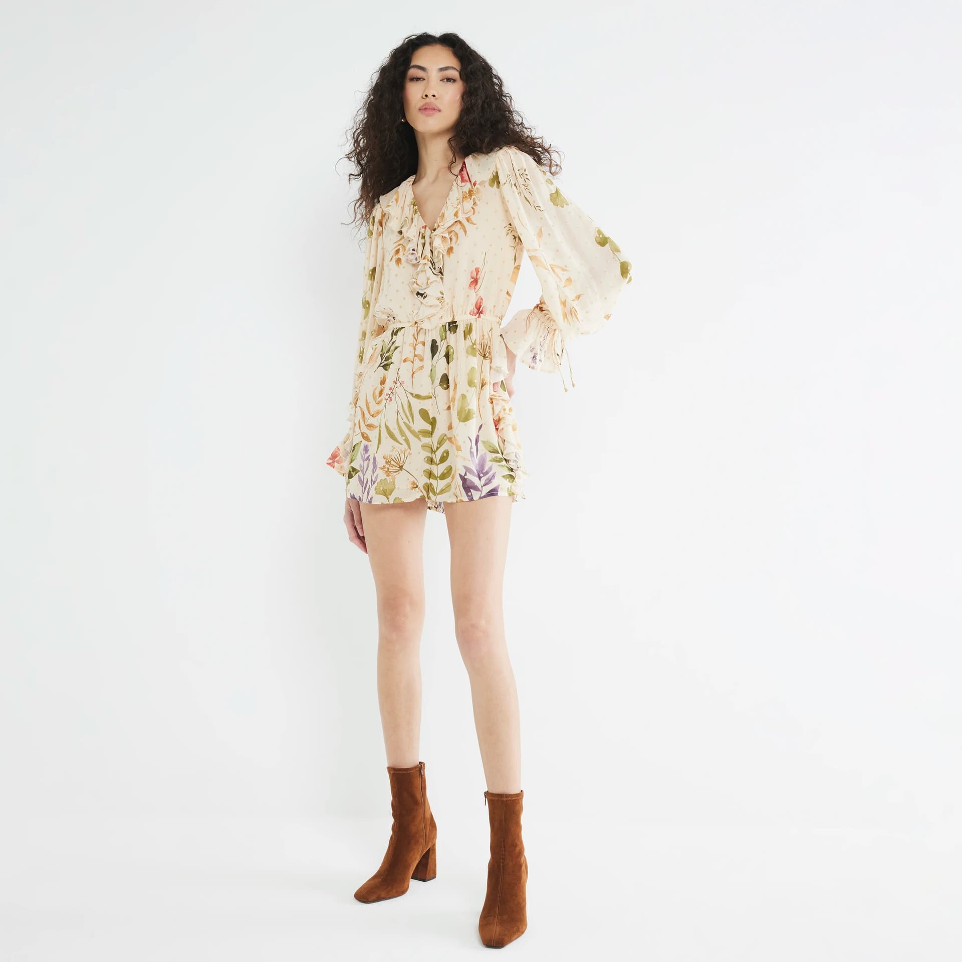 River Island River Island Womens Cream Long Sleeve Floral Ruffle Playsuit