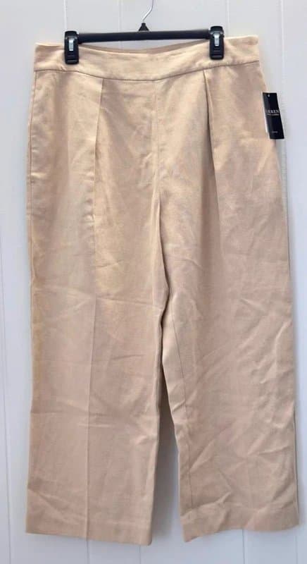 Lauren Ralph Lauren Lauren Ralph Lauren Beige Linen Side Zip Wide Leg Pant  Women Size 12P