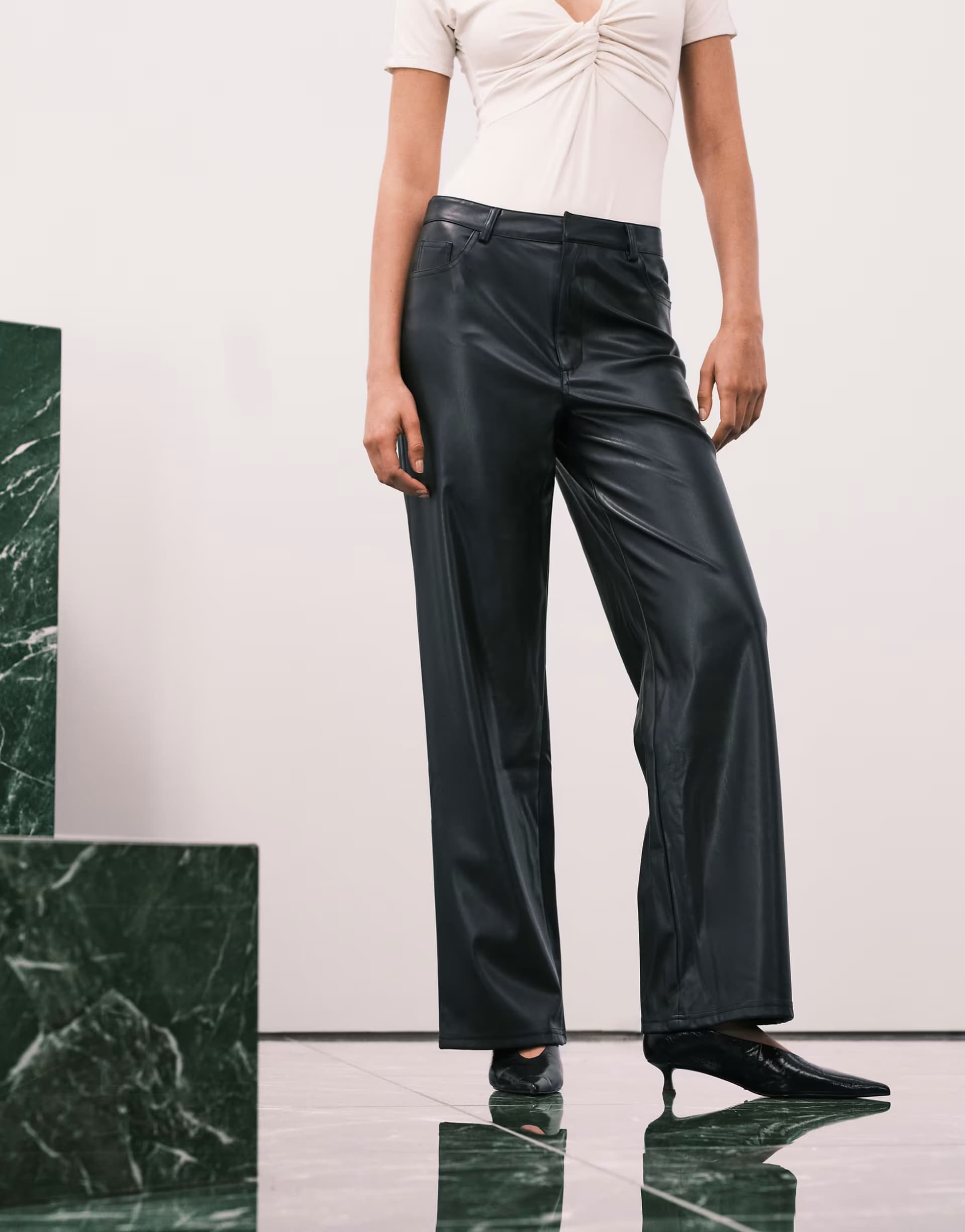 ASOS ONLY Juicy faux leather wide leg trousers in black 