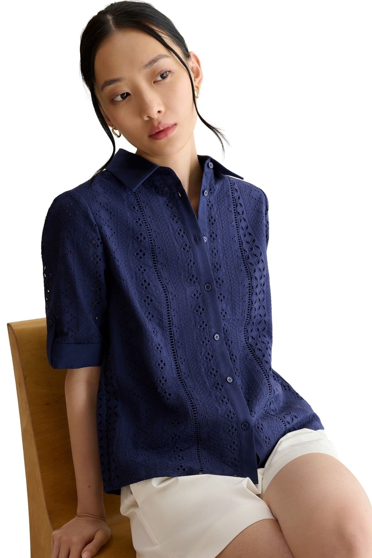 Hobbs London Hobbs London Women's Cristie Short Sleeve Loose Fit Shirt in Navy - 1