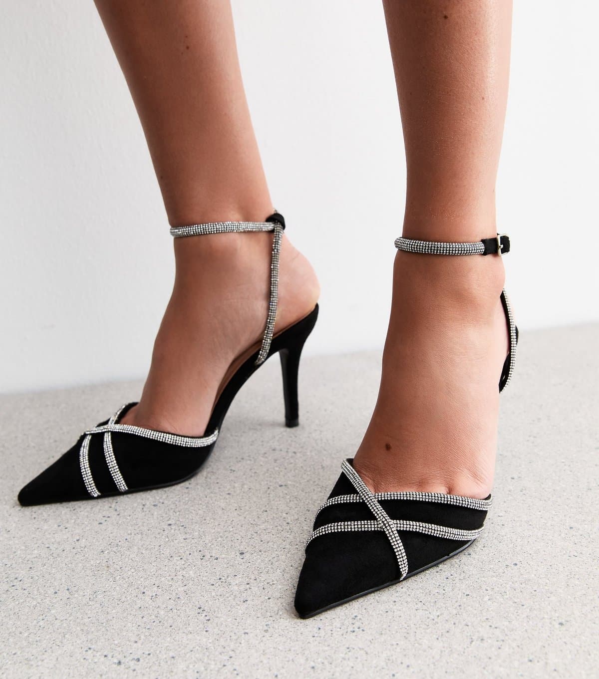 New Look Women's Black Faux Suede Diamanté Strap Open Court Shoes New Look