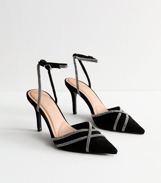 New Look Women's Black Faux Suede Diamanté Strap Open Court Shoes New Look - 2