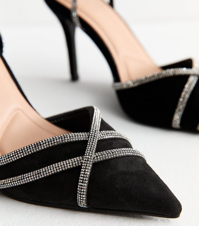 New Look Women's Black Faux Suede Diamanté Strap Open Court Shoes New Look - 3
