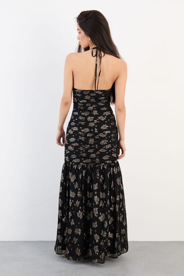 Warehouse Warehouse Women's Metallic Jacquard Halterneck Gathered Metallic Dress in Black - 3