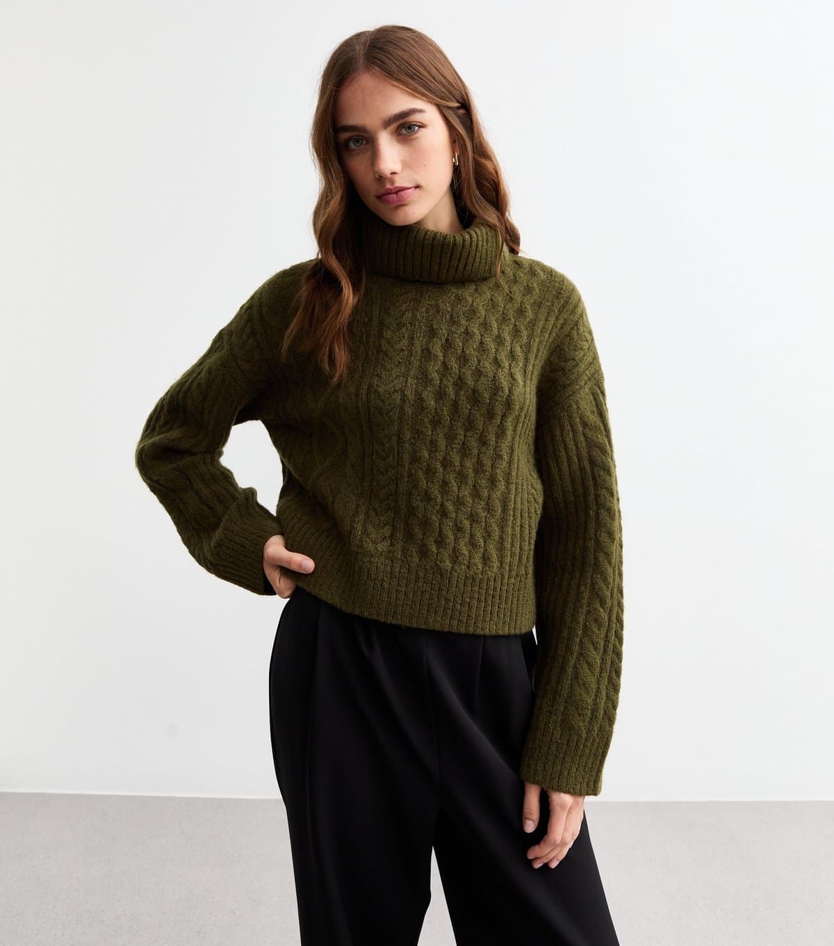 New Look New Look Khaki Cable Knit Roll Neck Jumper