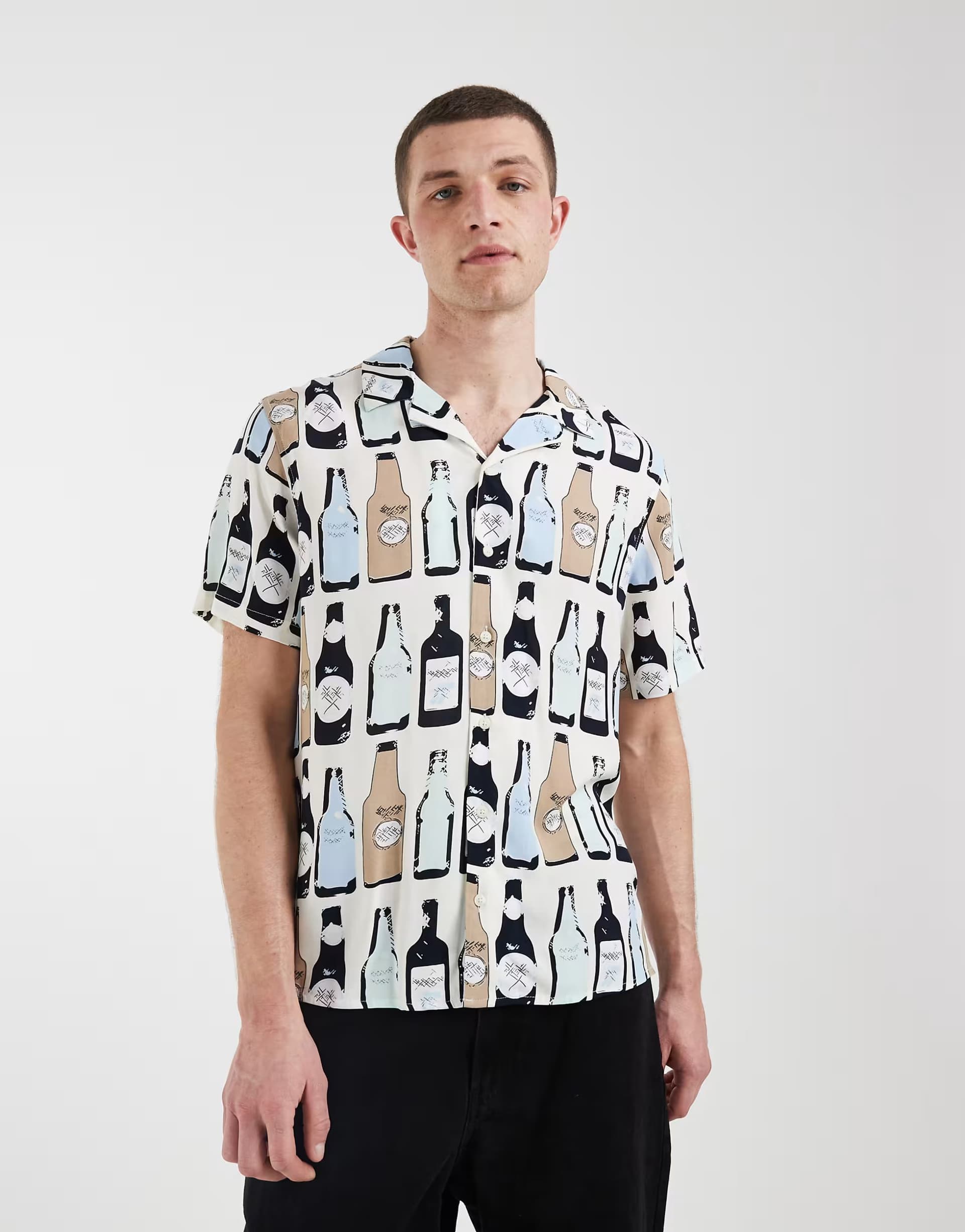 ASOS BLEND bottle repeat motif printed regular fit shirt with revere collar in multi