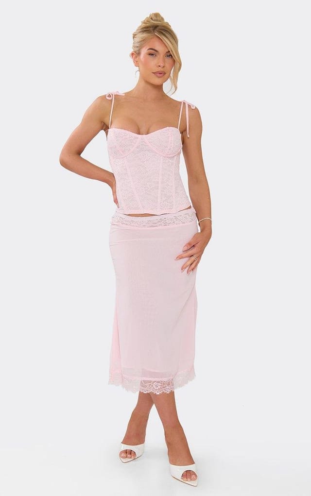 EGO Tie Strap Underwired Corset Top In Pink Lace, Women's Size UK 6 - 2