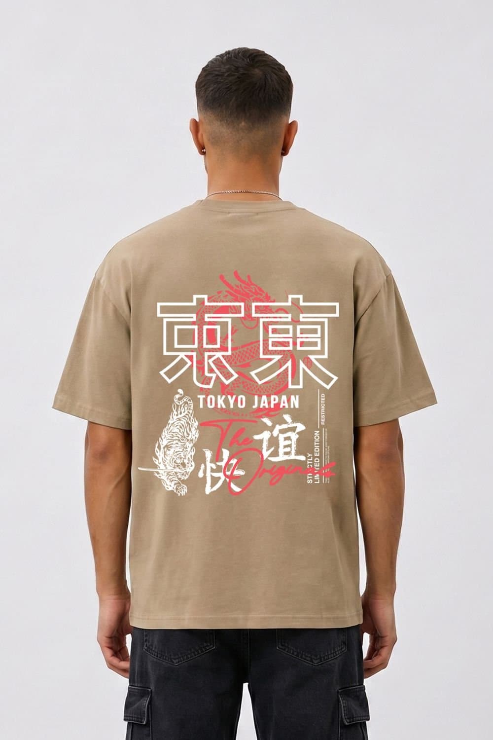 LONDON ATTITUDE LONDON ATTITUDE Men's Tokyo Dragon Oversized Heavyweight Cotton T-Shirt in Light Sand