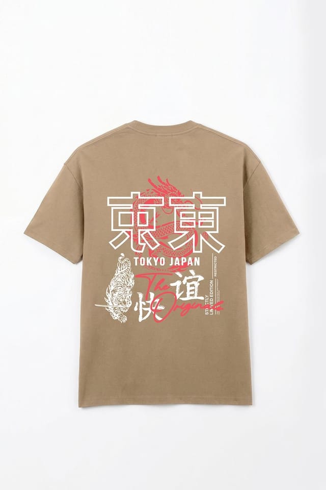 LONDON ATTITUDE LONDON ATTITUDE Men's Tokyo Dragon Oversized Heavyweight Cotton T-Shirt in Light Sand - 2
