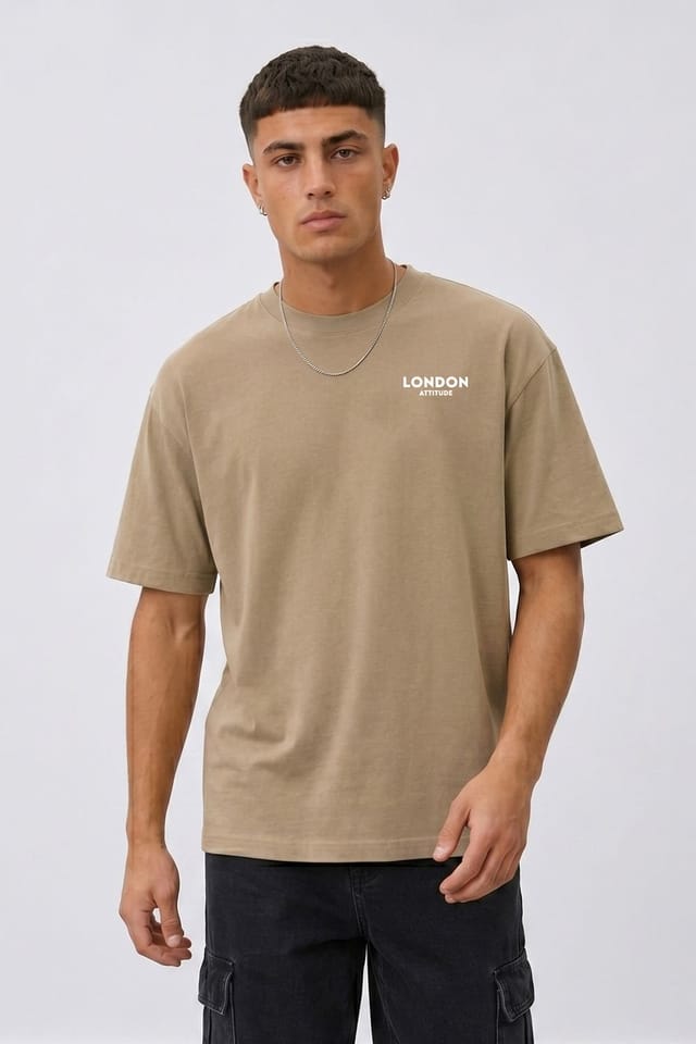 LONDON ATTITUDE LONDON ATTITUDE Men's Tokyo Dragon Oversized Heavyweight Cotton T-Shirt in Light Sand - 3