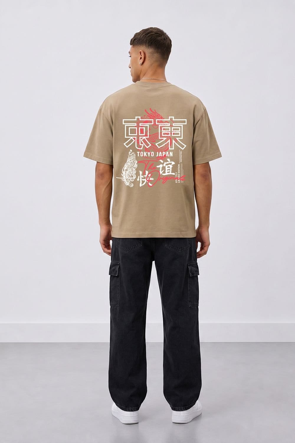 LONDON ATTITUDE LONDON ATTITUDE Men's Tokyo Dragon Oversized Heavyweight Cotton T-Shirt in Light Sand - 4