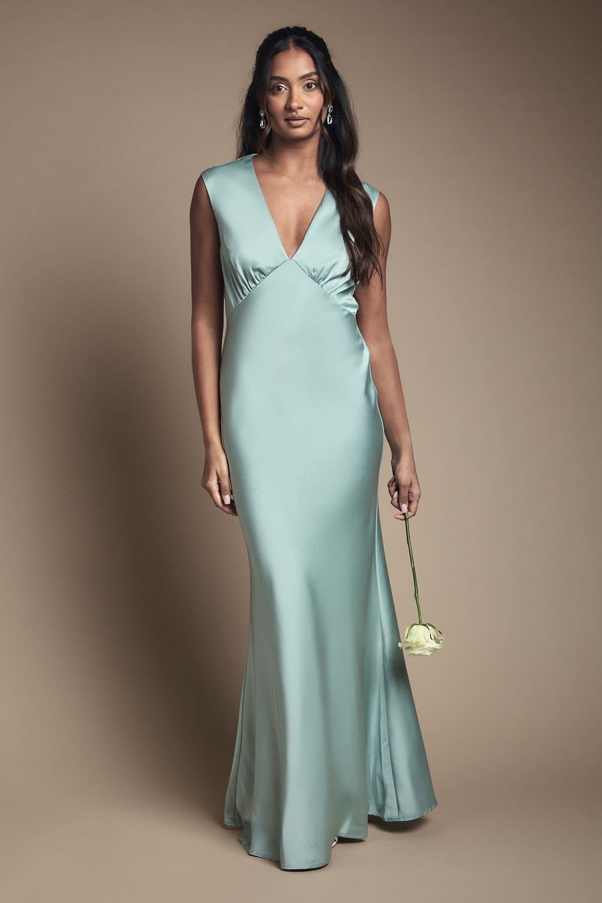 Oasis Oasis Women's Sage Satin Open Back Detail Maxi Bridesmaid Dress