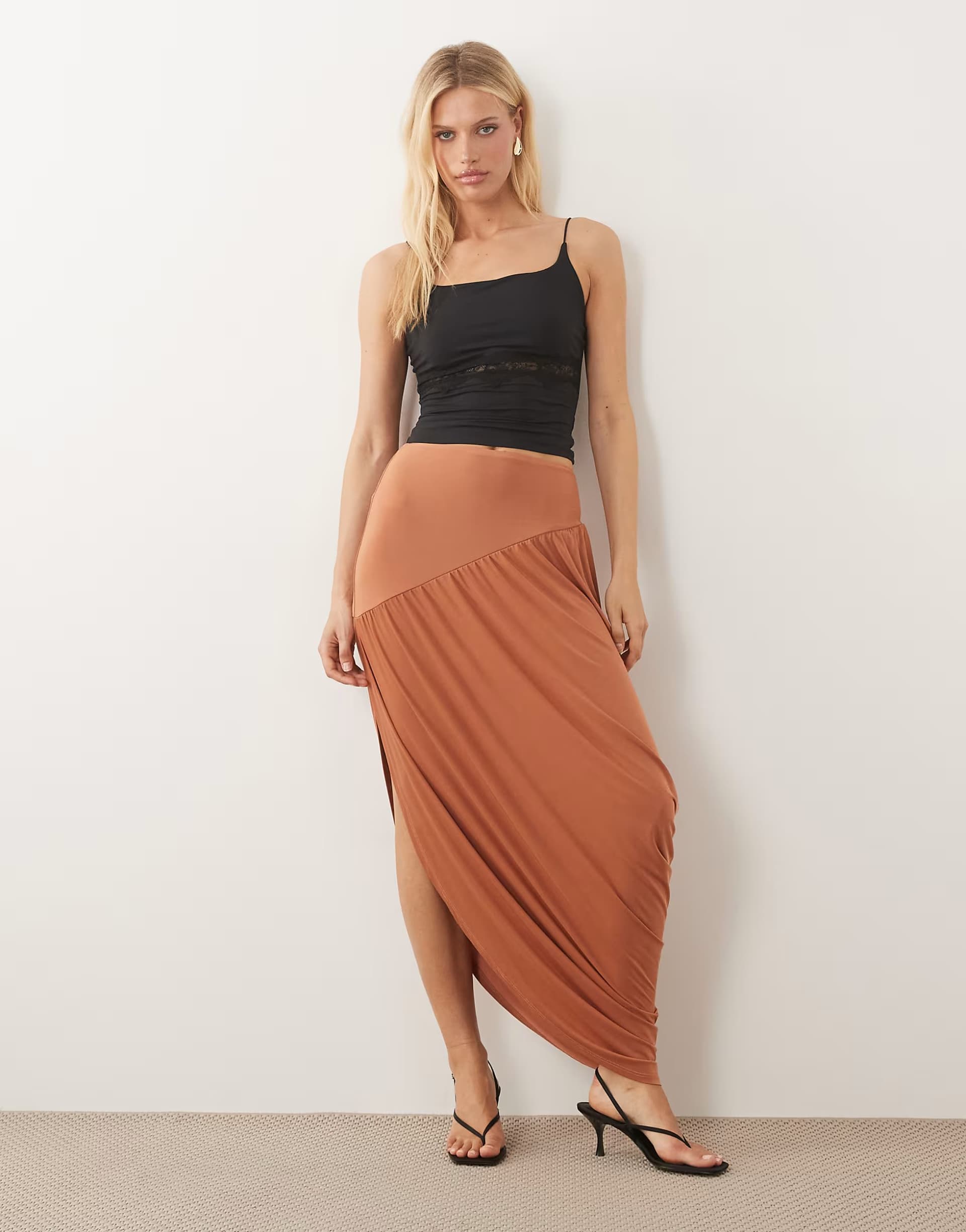 ASOS ASOS DESIGN slinky asymmetric maxi skirt in peach