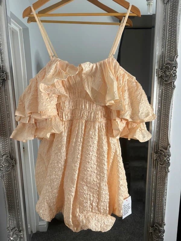 ASOS New ASOS Luxe Triple Ruffle Bardot Satin Textured Mini Dress sz 6 uk