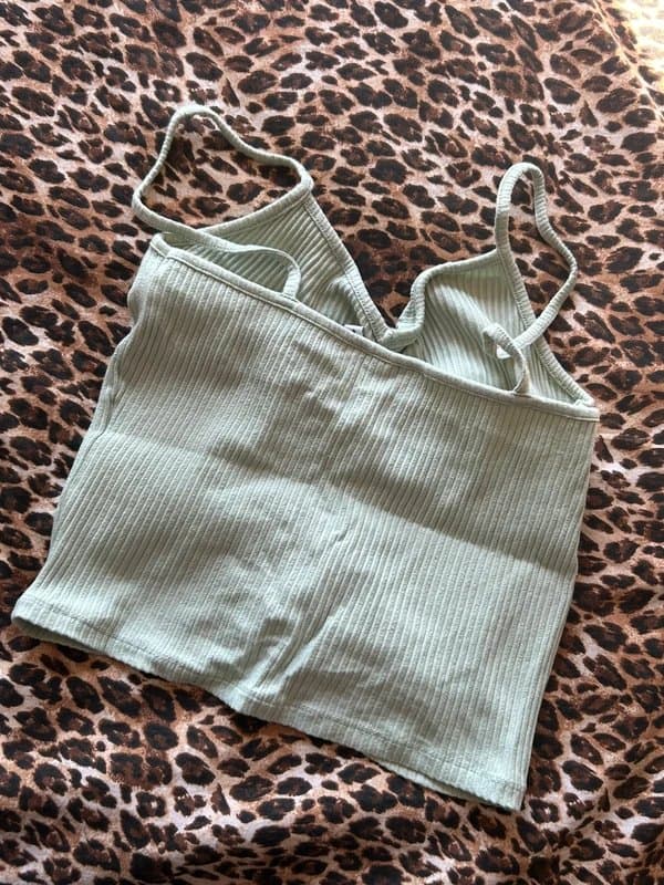 ASOS Design mint green ribbed cami ruched front and delicate lettuce-edge trim asos