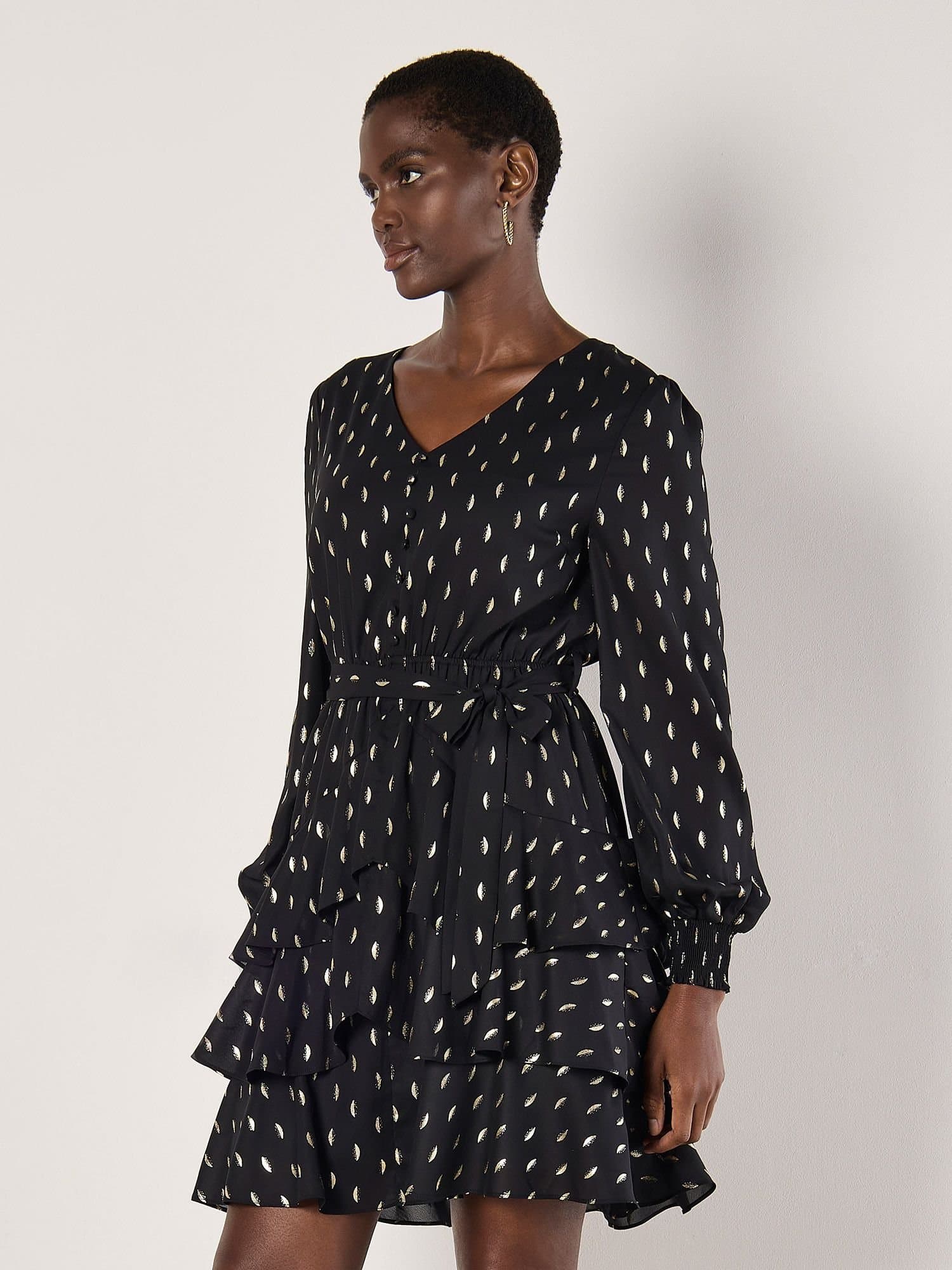 Apricot Apricot Women's Gold Foil Spot Tiered Mini Dress in Black