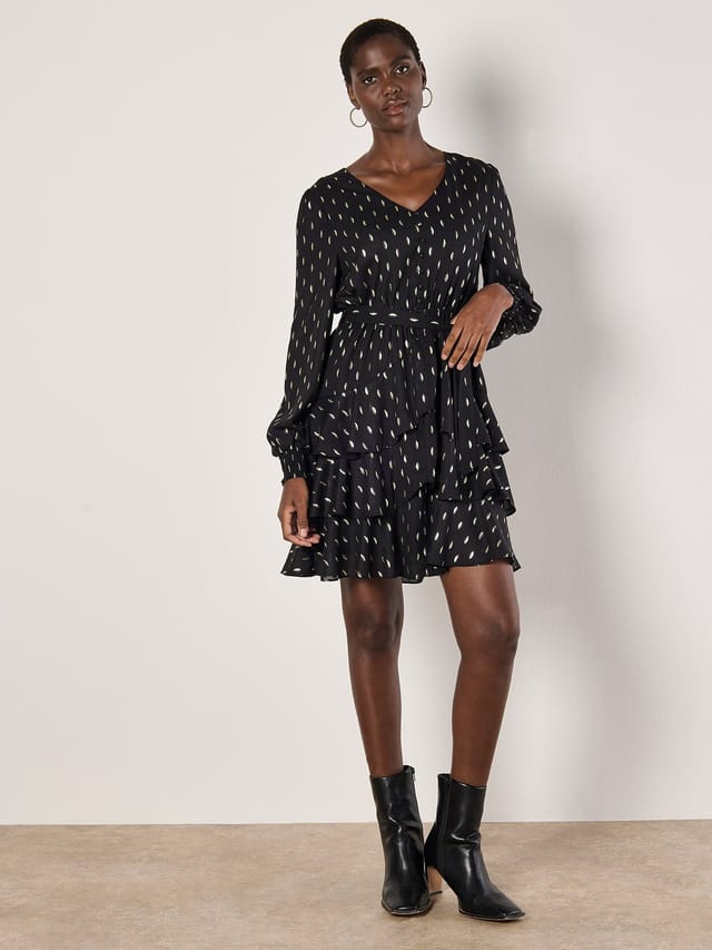 Apricot Apricot Women's Gold Foil Spot Tiered Mini Dress in Black - 2