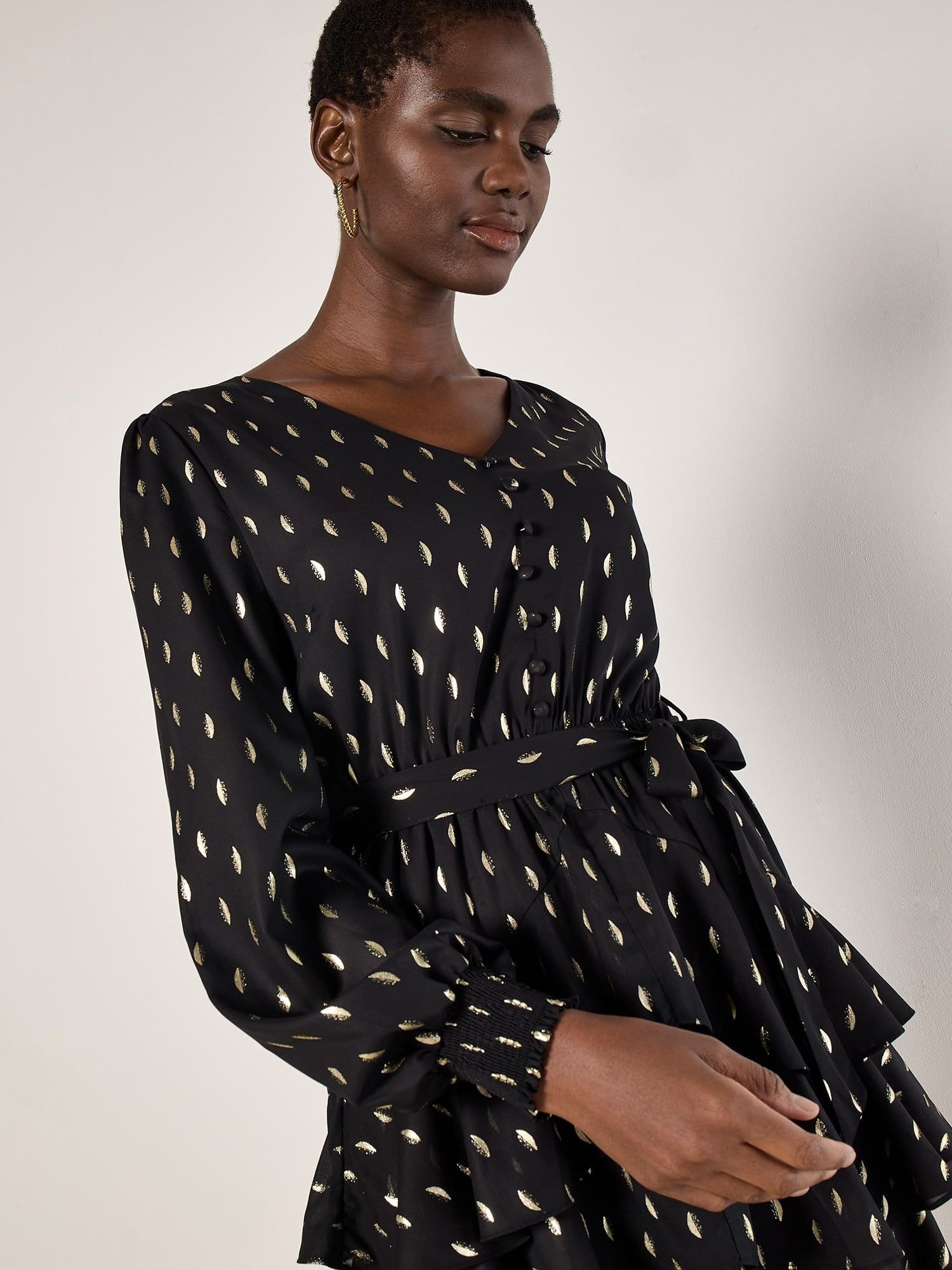 Apricot Apricot Women's Gold Foil Spot Tiered Mini Dress in Black - 4