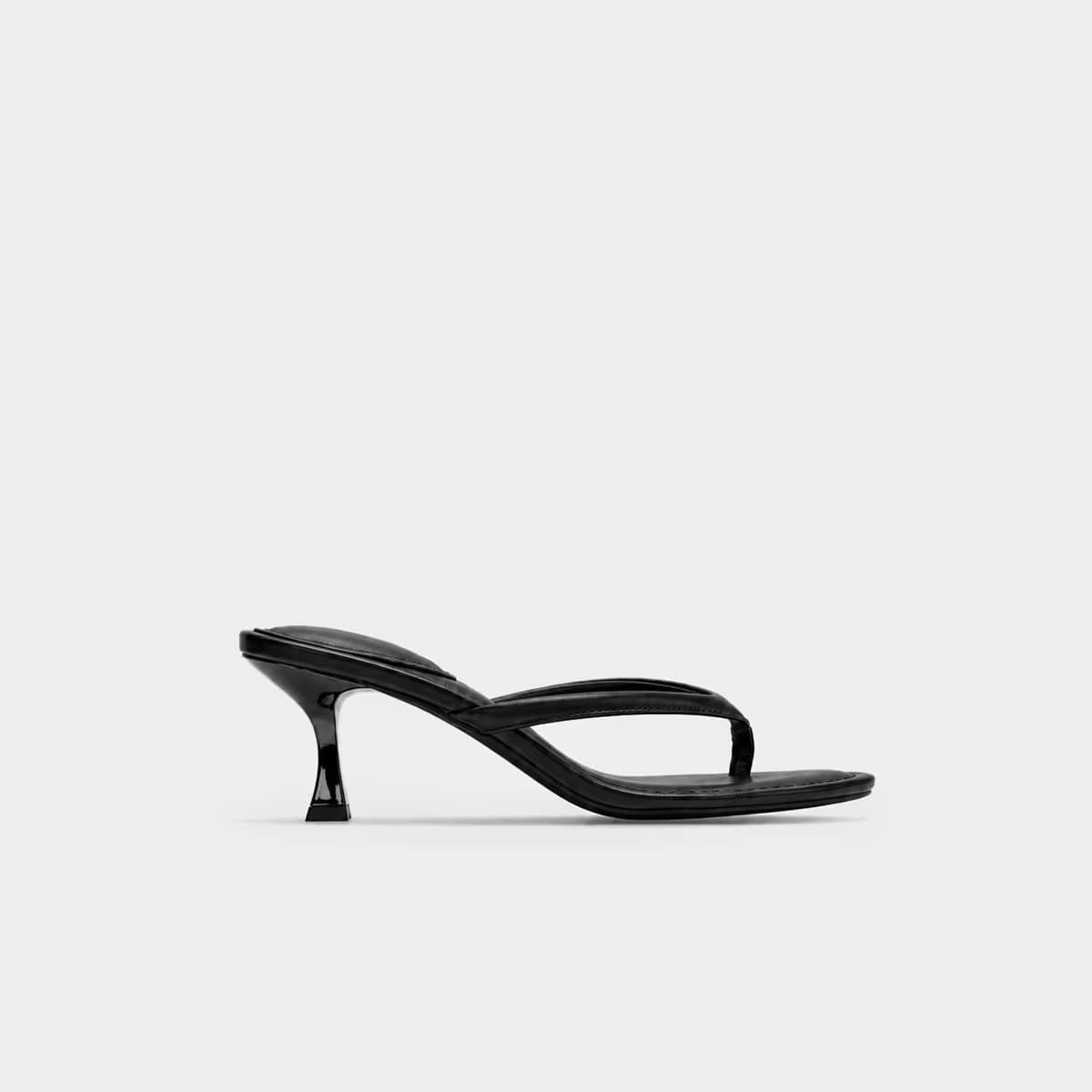 EGO Odile Thong Strap Low Heeled Mule In Black Faux Leather, Women's Size UK 3